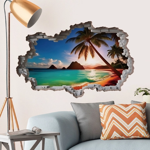 Vinilo de Pared 3D Pared Rota Playa Tropical Atardecer Impermeable PVC Paisaje Mural Para Sala de Estar Dormitorio Decoración