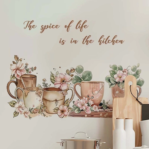 Aquarell Kaffeetasse Blume Küche Wandtattoo Spice Of Life Zitat PVC Wasserdicht DIY Haus Deko Wandbild Aufkleber