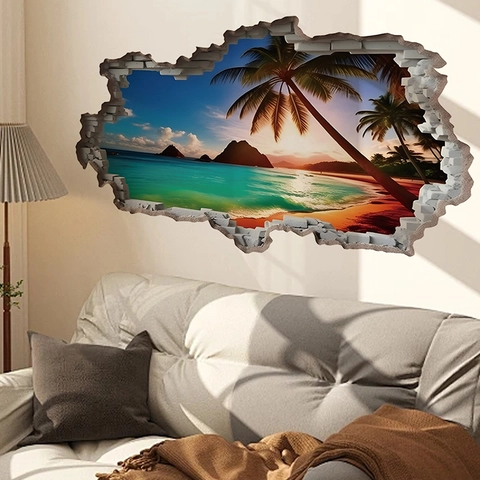 Vinilo de Pared 3D Pared Rota Playa Tropical Atardecer Impermeable PVC Paisaje Mural Para Sala de Estar Dormitorio Decoración