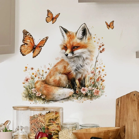 Süßer Aquarell Fuchs Schmetterling Blume Wandaufkleber Abnehmbare PVC Selbstklebende Dekor Für Schlafzimmer Wohnzimmer Haus