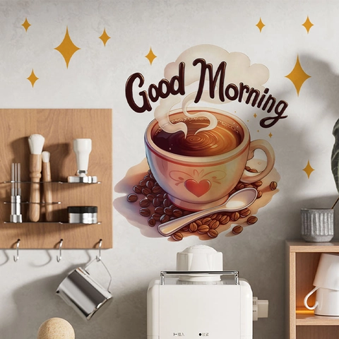 Good Morning Coffee Cup Heart Wall Sticker PVC Waterproof DIY Art Decal For Kitchen Dining Room Coffee Corner Home Decor