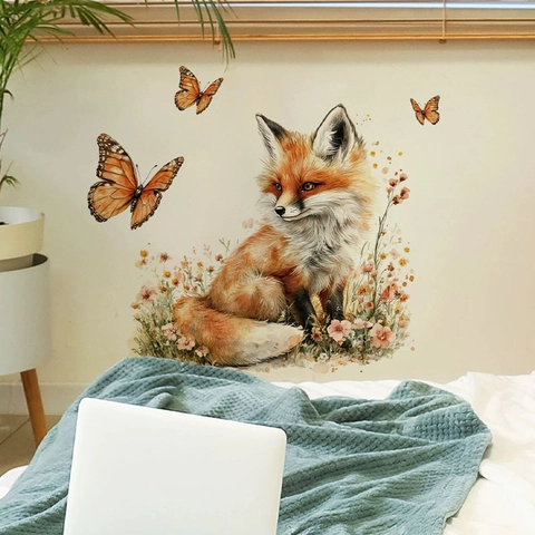 Süßer Aquarell Fuchs Schmetterling Blume Wandaufkleber Abnehmbare PVC Selbstklebende Dekor Für Schlafzimmer Wohnzimmer Haus