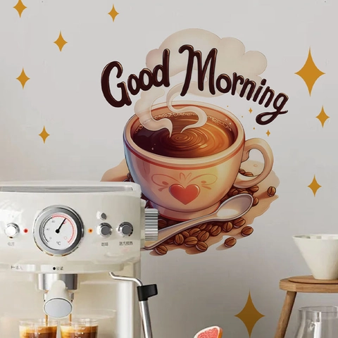 Good Morning Coffee Cup Heart Wall Sticker PVC Waterproof DIY Art Decal For Kitchen Dining Room Coffee Corner Home Decor