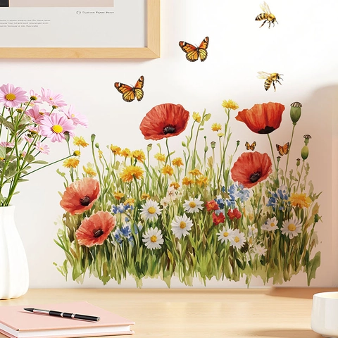 Pegatinas de Pared de Flores Silvestres en Acuarela Con Mariposas Abejas Calcomanías de PVC Removibles para Sala de Estar Dormitorio Nevera