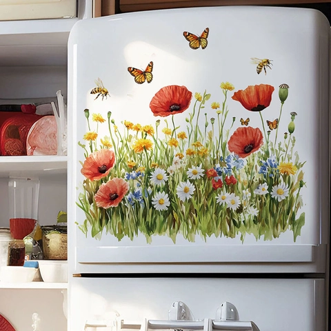 Pegatinas de Pared de Flores Silvestres en Acuarela Con Mariposas Abejas Calcomanías de PVC Removibles para Sala de Estar Dormitorio Nevera