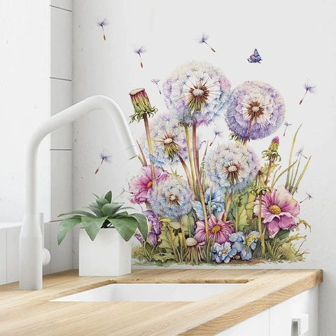 Aquarel Paardenbloem Bloem Vlinder Muursticker Waterdicht PVC Decoratieve Sticker Voor Badkamer Keuken Toilet Home Decor