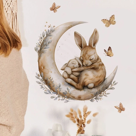 Aquarell Mond Hase Wandtattoo Süßer Schlafender Hase Schmetterling Stern Aufkleber Für Kinderzimmer Babyzimmer Deko