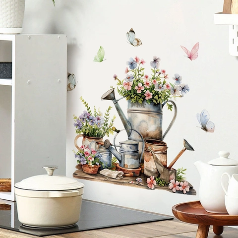 Aquarell Blume Gießkanne Wandtattoo Schmetterling Floral PVC Abnehmbare Aufkleber Für Wohnzimmer Schlafzimmer Küche Home Dekor