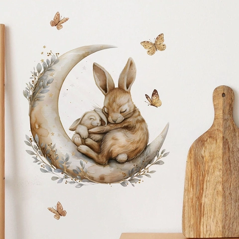 Aquarell Mond Hase Wandtattoo Süßer Schlafender Hase Schmetterling Stern Aufkleber Für Kinderzimmer Babyzimmer Deko