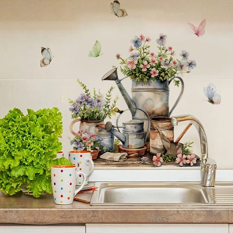 Aquarell Blume Gießkanne Wandtattoo Schmetterling Floral PVC Abnehmbare Aufkleber Für Wohnzimmer Schlafzimmer Küche Home Dekor