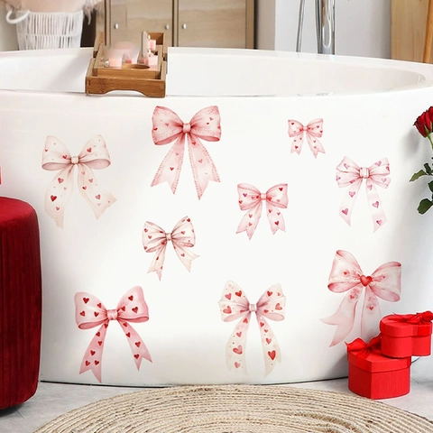 Pink Ribbon Bow Wall Stickers With Red Hearts Waterproof PVC Aesthetic Coquette Bedroom Decor For Girls Kids Room DIY Wall Decals