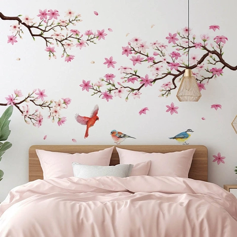 Cherry Blossom Tree Branch Birds Wall Decal Pink Flower Petals PVC Wall Sticker For Bedroom Living Room Home Art Mural Decor
