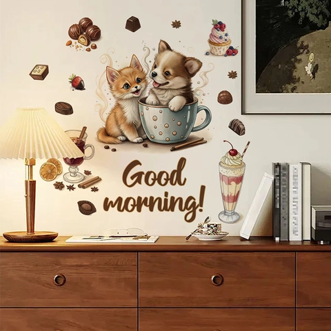 Simpatici Adesivi Murali Cane Gatto in Tazza PVC Autoadesivi Rimovibili Cioccolato Dessert Decalcomanie da Parete per Camera da Letto