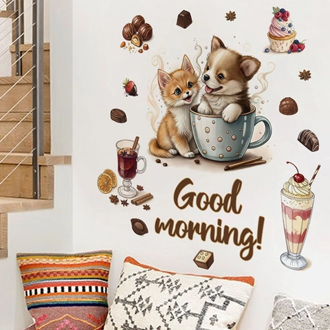 Simpatici Adesivi Murali Cane Gatto in Tazza PVC Autoadesivi Rimovibili Cioccolato Dessert Decalcomanie da Parete per Camera da Letto