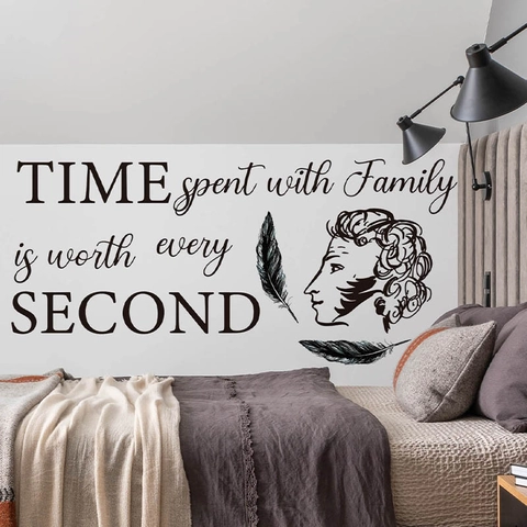 Family Time Spent With Family Is Worth Every Second Quote Wall Sticker PVC Classical Portrait Feather Home Decor Mural