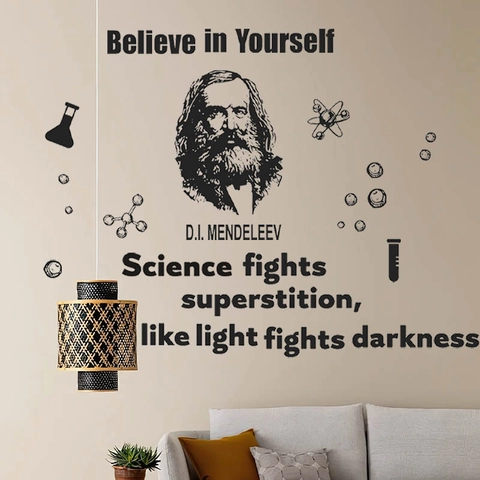 Wissenschaft Wandaufkleber Mendelejew Porträt Zitat PVC Abnehmbar Labor Klassenzimmer Arbeitszimmer Home Decor Wandbild Schwarz