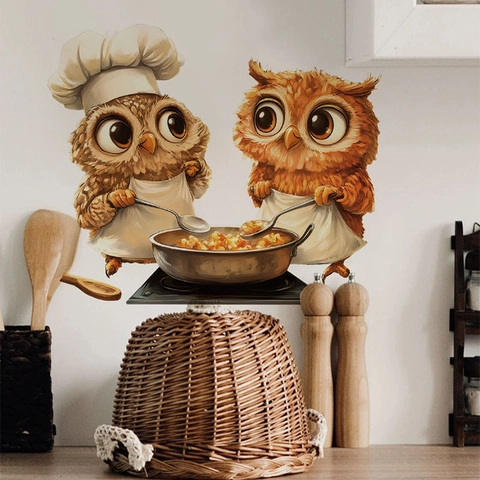 Cartoon Owl Chef Kitchen Wall Sticker Waterproof PVC Self Adhesive Art Decals For Dining Room Restaurant Home Decor