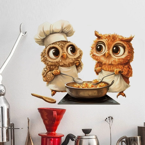 Cartoon Owl Chef Kitchen Wall Sticker Waterproof PVC Self Adhesive Art Decals For Dining Room Restaurant Home Decor