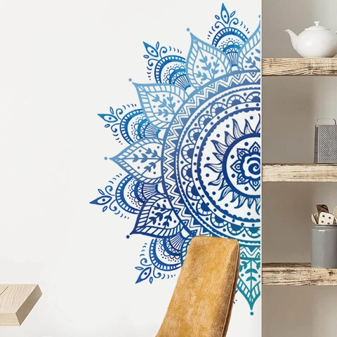 Vinilo Pared Mandala Degradado Azul PVC Impermeable Mural Para Dormitorio Sala De Estar Decoración Cabecera De Cama Arte Cartel