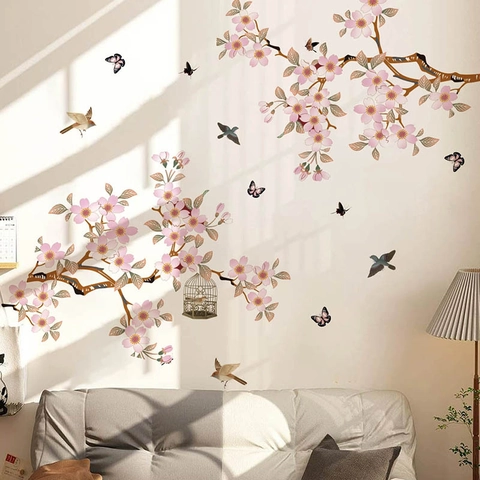 Adesivi Murali Rami di Ciliegio Rosa Uccelli Farfalle Gabbia PVC Decalcomanie Autoadesive per Decorazione Parete Soggiorno