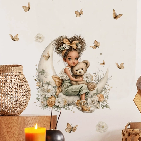 Cartoon Mond Mädchen Mit Teddybär Wandaufkleber Aquarell Schmetterling Blumen Dekor Für Kinderzimmer Schlafzimmer Deko