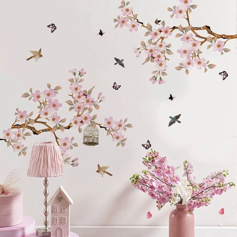 Adesivi Murali Rami di Ciliegio Rosa Uccelli Farfalle Gabbia PVC Decalcomanie Autoadesive per Decorazione Parete Soggiorno