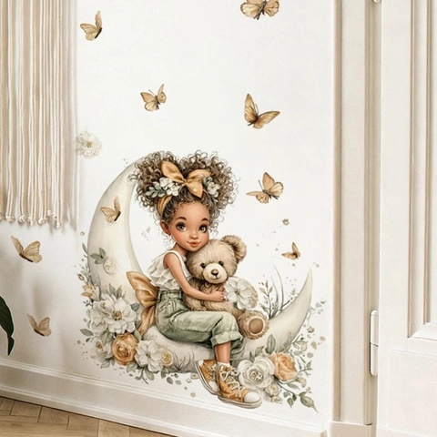 Cartoon Mond Mädchen Mit Teddybär Wandaufkleber Aquarell Schmetterling Blumen Dekor Für Kinderzimmer Schlafzimmer Deko