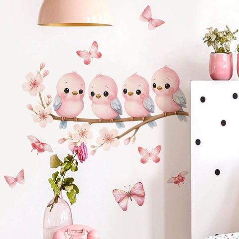 Adesivi Murali Acquerello Uccellini Rosa Farfalle Ramo Di Ciliegio PVC Autoadesivo Decalcomanie Da Muro Per Cameretta Bambini Letto