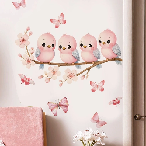 Adesivi Murali Acquerello Uccellini Rosa Farfalle Ramo Di Ciliegio PVC Autoadesivo Decalcomanie Da Muro Per Cameretta Bambini Letto
