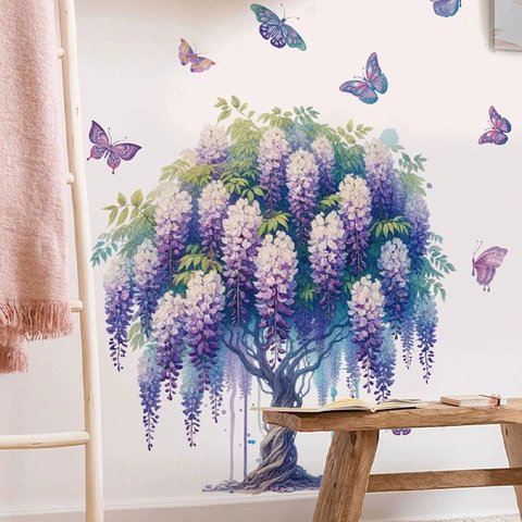Adesivo Murale Albero di Glicine Viola ad Acquerello Con Farfalle PVC Impermeabile Autoadesivo Decalcomania per Casa Camera