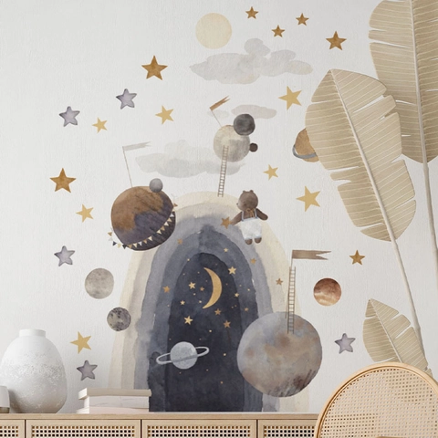 Adesivo Murale Spazio Universo Pianeti Con Orso Astronauta Acquerello Fatto a Mano Autoadesivo PVC Murales Per Cameretta Bimbi