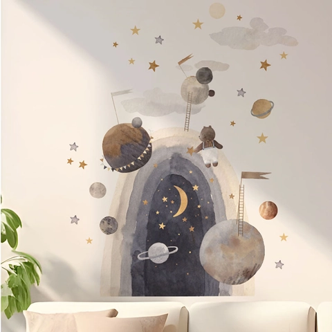 Adesivo Murale Spazio Universo Pianeti Con Orso Astronauta Acquerello Fatto a Mano Autoadesivo PVC Murales Per Cameretta Bimbi