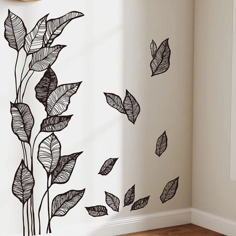 Schwarze Blatt Wandtattoo PVC Minimalistisch Pflanzenzweig Linienkunst Aufkleber Für Wohnzimmer Schlafzimmer Bad Modernes Dekor