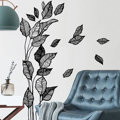 Schwarze Blatt Wandtattoo PVC Minimalistisch Pflanzenzweig Linienkunst Aufkleber Für Wohnzimmer Schlafzimmer Bad Modernes Dekor