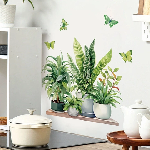 Adhesivo de Pared Acuarela Planta en Maceta Hoja Verde Mariposa PVC Autoadhesivo Decoración para Sala de Estar Dormitorio Baño