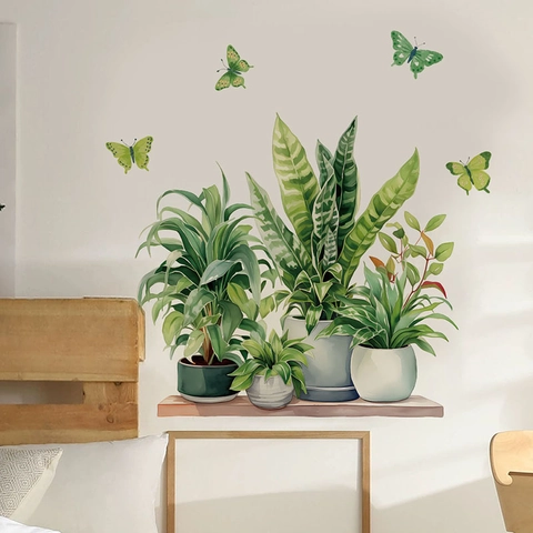 Adhesivo de Pared Acuarela Planta en Maceta Hoja Verde Mariposa PVC Autoadhesivo Decoración para Sala de Estar Dormitorio Baño