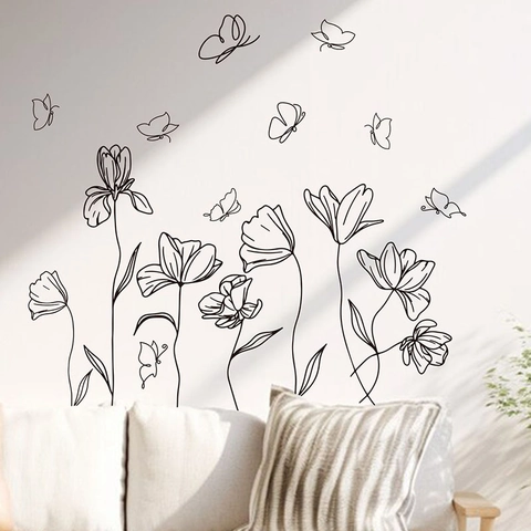 Minimalist Line Art Flower Butterfly Wall Stickers PVC Waterproof Self Adhesive Wall Decals For Home Living Room Bedroom Decoration