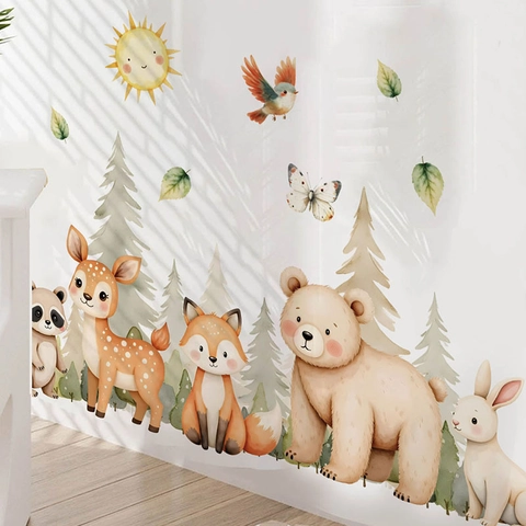 Aquarell Waldtiere Wandaufkleber PVC Wasserdicht Selbstklebend Cartoon Bär Fuchs Reh Wandtattoo Für Kinderzimmer Haus Deko