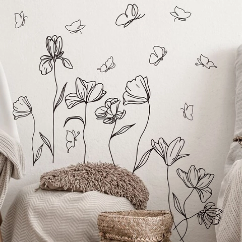 Minimalist Line Art Flower Butterfly Wall Stickers PVC Waterproof Self Adhesive Wall Decals For Home Living Room Bedroom Decoration