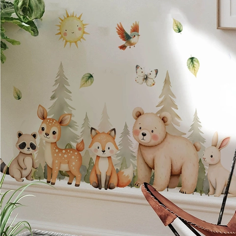 Aquarell Waldtiere Wandaufkleber PVC Wasserdicht Selbstklebend Cartoon Bär Fuchs Reh Wandtattoo Für Kinderzimmer Haus Deko
