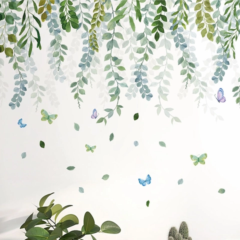 Pegatinas de Pared de Enredaderas de Hojas Verdes en Acuarela Calcomanías de Pared de Mariposa de PVC para Sala de Estar