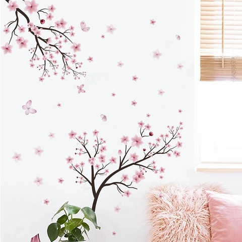 Kirschblütenbaum Zweig Wandaufkleber Rosa Blumen Schmetterlinge PVC Selbstklebend Wandtattoos Für Wohnzimmer Schlafzimmer TV Hintergrund Home Decor