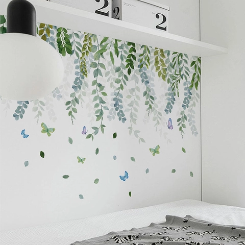Pegatinas de Pared de Enredaderas de Hojas Verdes en Acuarela Calcomanías de Pared de Mariposa de PVC para Sala de Estar