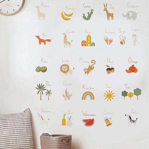 Adesivi Murali Animali Alfabeto Cartone Animato Decorazione Cameretta Bambini Educativo ABC PVC Autoadesivo Decalcomania Parete