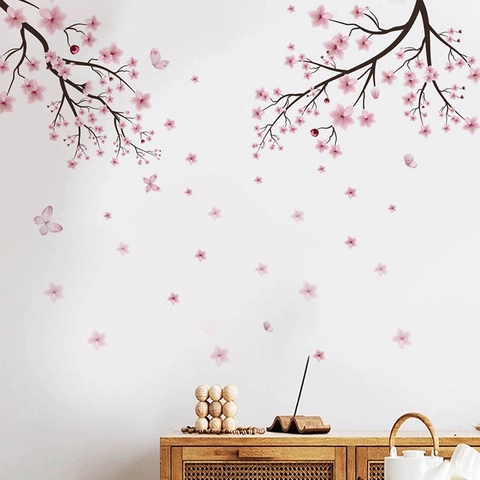 Kirschblütenbaum Zweig Wandaufkleber Rosa Blumen Schmetterlinge PVC Selbstklebend Wandtattoos Für Wohnzimmer Schlafzimmer TV Hintergrund Home Decor