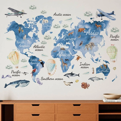 Watercolor World Map Wall Stickers For Kids Room Decor Animal Continents Oceans Educational Wall Decal PVC Removable Mural Art