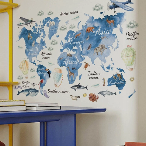 Watercolor World Map Wall Stickers For Kids Room Decor Animal Continents Oceans Educational Wall Decal PVC Removable Mural Art