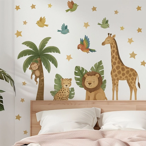 Jungle Animal Wall Stickers Cartoon Giraffe Lion Monkey Tropical Tree Star PVC Removable Waterproof Decals For Kids Room Nursery Decor