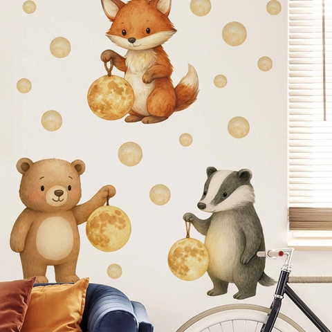 Aquarell Cartoon Tier Wandaufkleber Mit Bär Fuchs Dachs Und Mondlaterne PVC Wandtattoos Für Kinderzimmer Heimdekoration