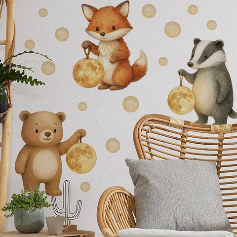 Aquarell Cartoon Tier Wandaufkleber Mit Bär Fuchs Dachs Und Mondlaterne PVC Wandtattoos Für Kinderzimmer Heimdekoration